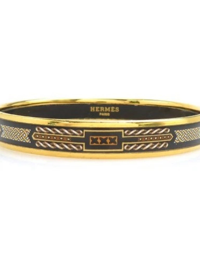 Auth Hermes Cloisonne Bangle Bracelet Gold/Black/White Metal/Enamel - E61914a